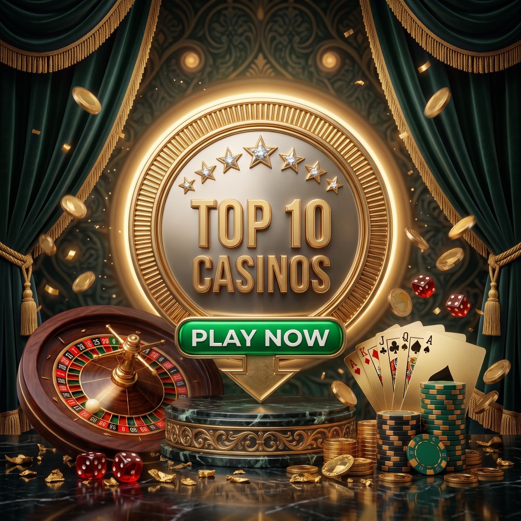 Top 10 casinos — roulette wheel, cards, chips and a Play Now call to action
